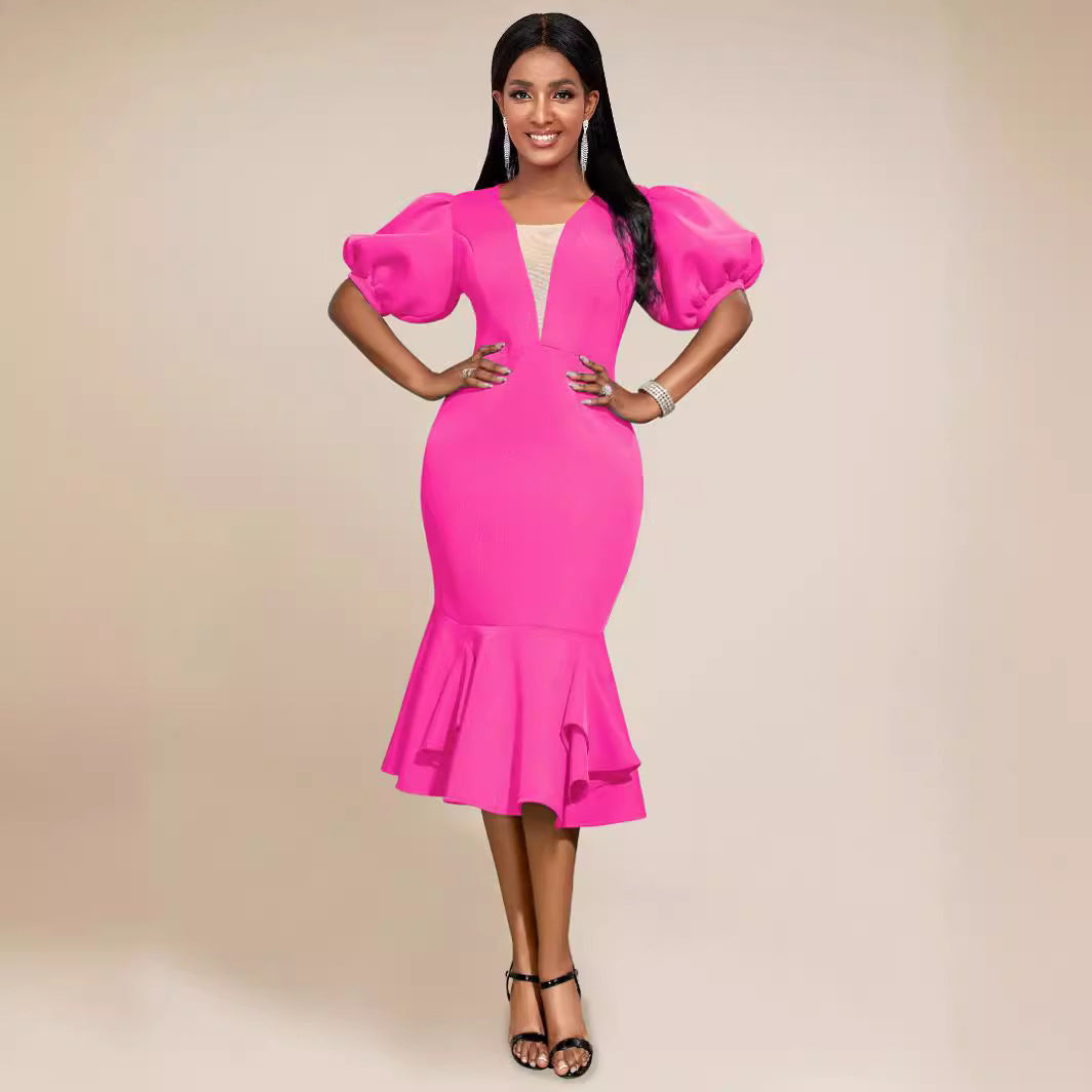 Women's Puff-Sleeve Fishtail Cocktail Dress