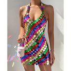 Fishnet Rhinestone Halterneck With Suspenders Hollow Out