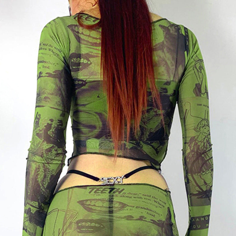 Women's Short Summer Cropped Sexy Top Stretch Mesh See Through Long Sleeve T Shirt