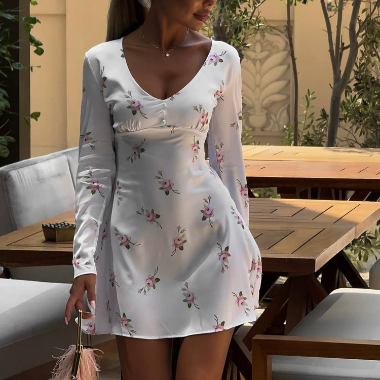 Floral Satin V-Neck Long-Sleeve Dress