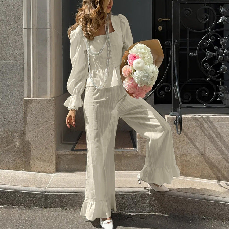Women Clothing Square Collar Long Sleeve Cardigan Top Trousers Two Piece Sets Office