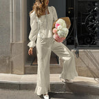 Women Clothing Square Collar Long Sleeve Cardigan Top Trousers Two Piece Sets Office