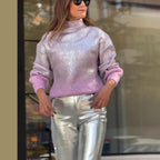 Autumn Turtleneck Gradient Silver Plaid Sweater Pullover Casual