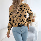 Autumn Winter Women Turtleneck Off Shoulder Leopard Print