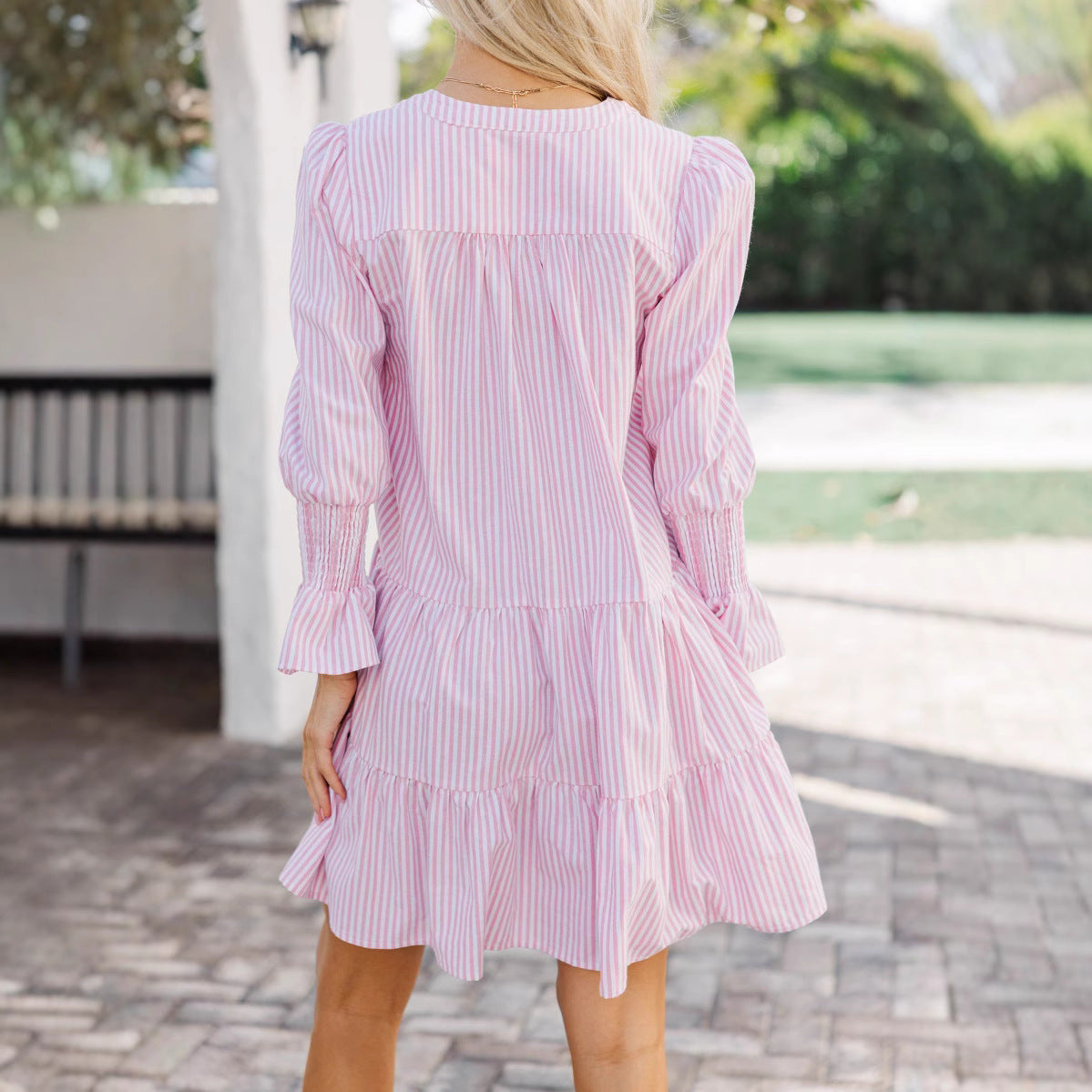 Striped V-Neck Flounce Dress