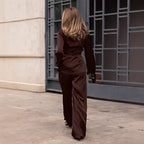 Spring Women Retro Brown Long Sleeve Waist Controlled Lace up Top Trousers Two Piece Set
