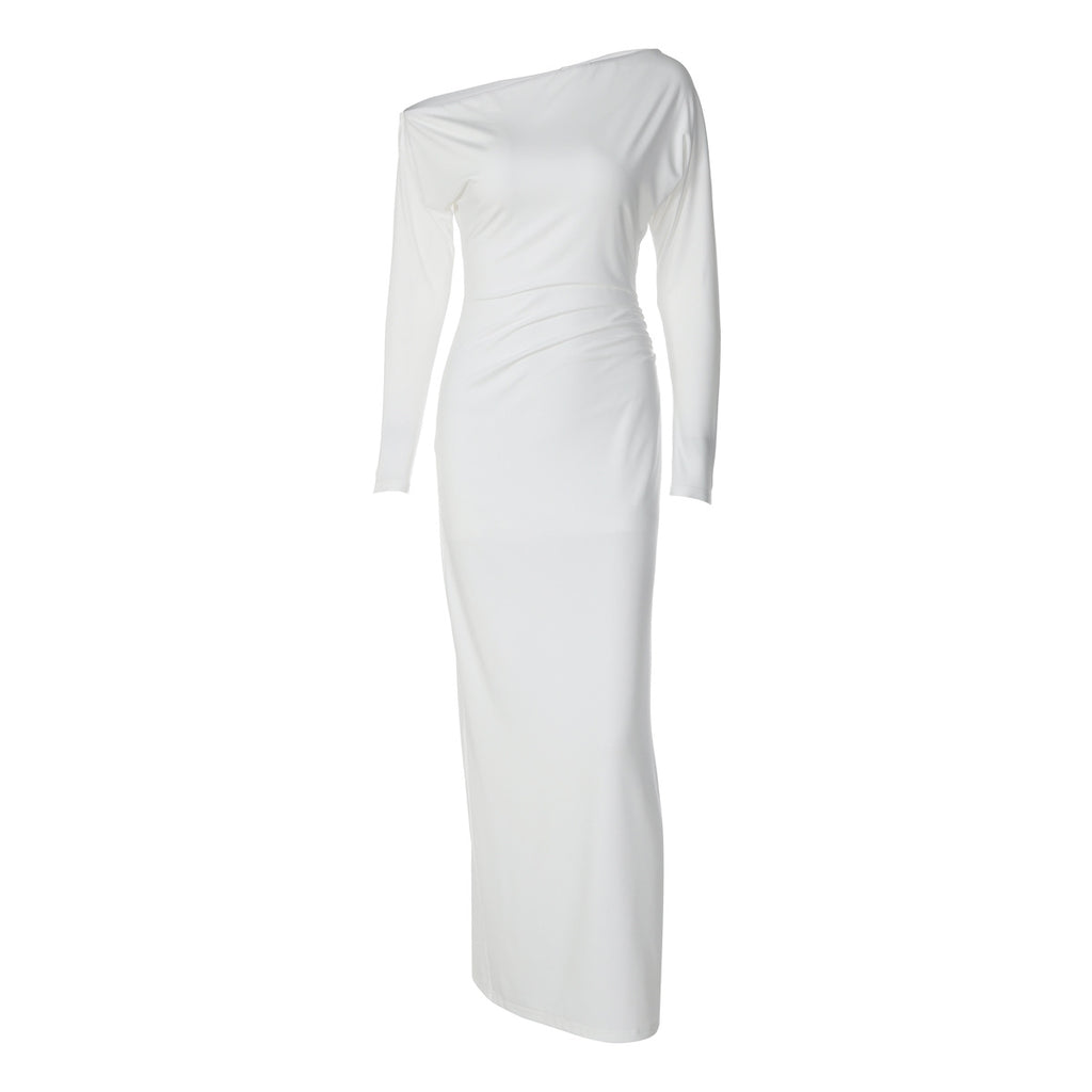 Women's Solid Color Diagonal Collar Long Sleeve Slit Dress