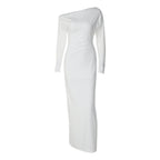 Women's Solid Color Diagonal Collar Long Sleeve Slit Dress