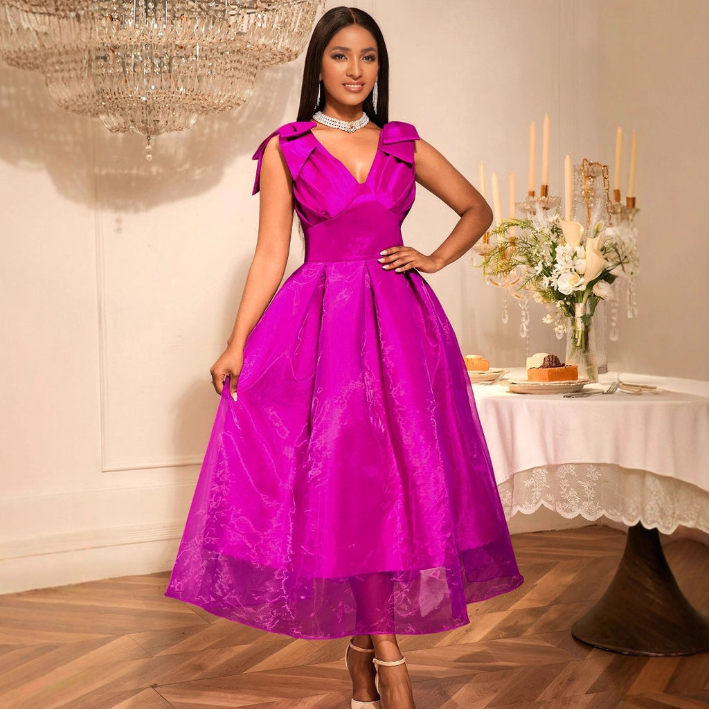 V-Neck Bow A-Line Maxi Dress