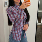 Retro Plaid Shirt Collared Long Sleeve Waist Tight All Matching