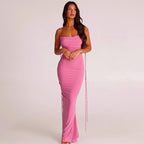 Solid Color Backless Pleated Long Elegant Slim Strap Dress For