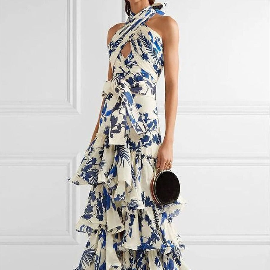 Women's Boho Floral Halter Ruffled Maxi Dress