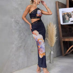Women's Black One-Shoulder Floral Mesh Lace Dress