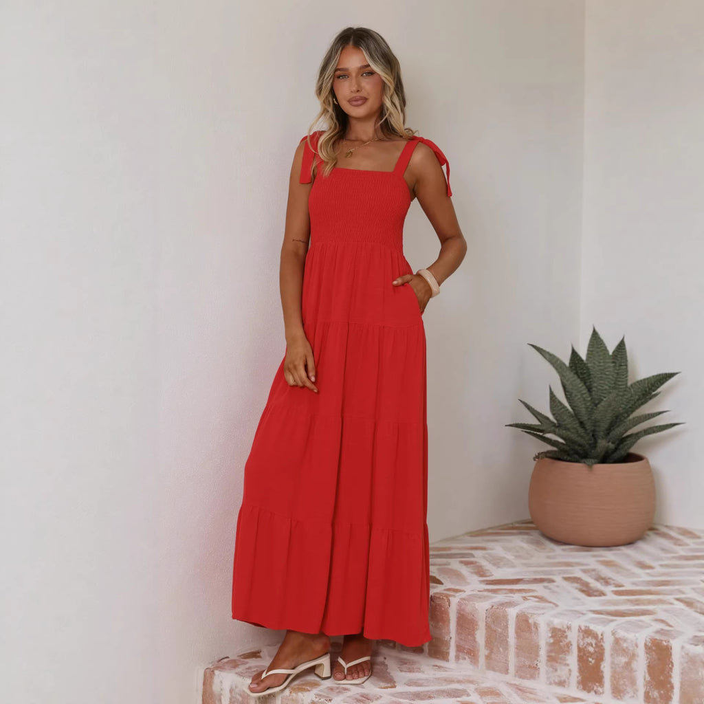 Red sleeveless summer dress, square neckline, gathered tiered skirt, ankle length
