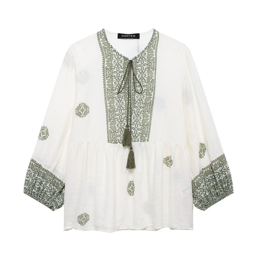 Women's Clothing Retro Printed Vacation Round Neck Long Sleeve Pullover Loose Shirt
