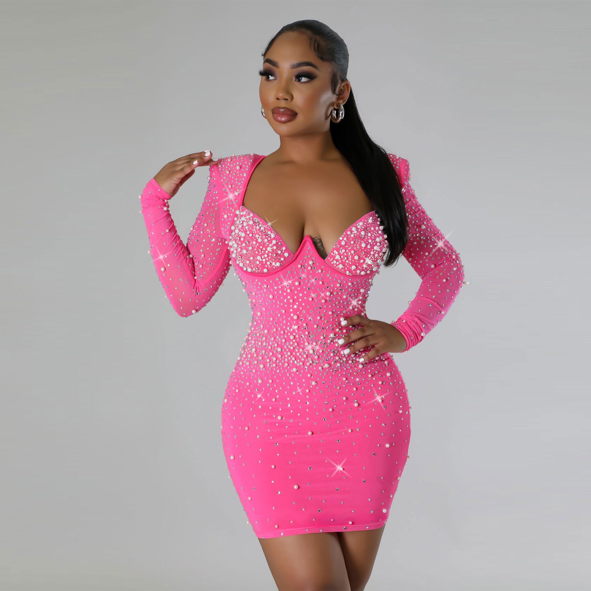 Rhinestone V-Neck Long-Sleeve Bodycon Mini Dress