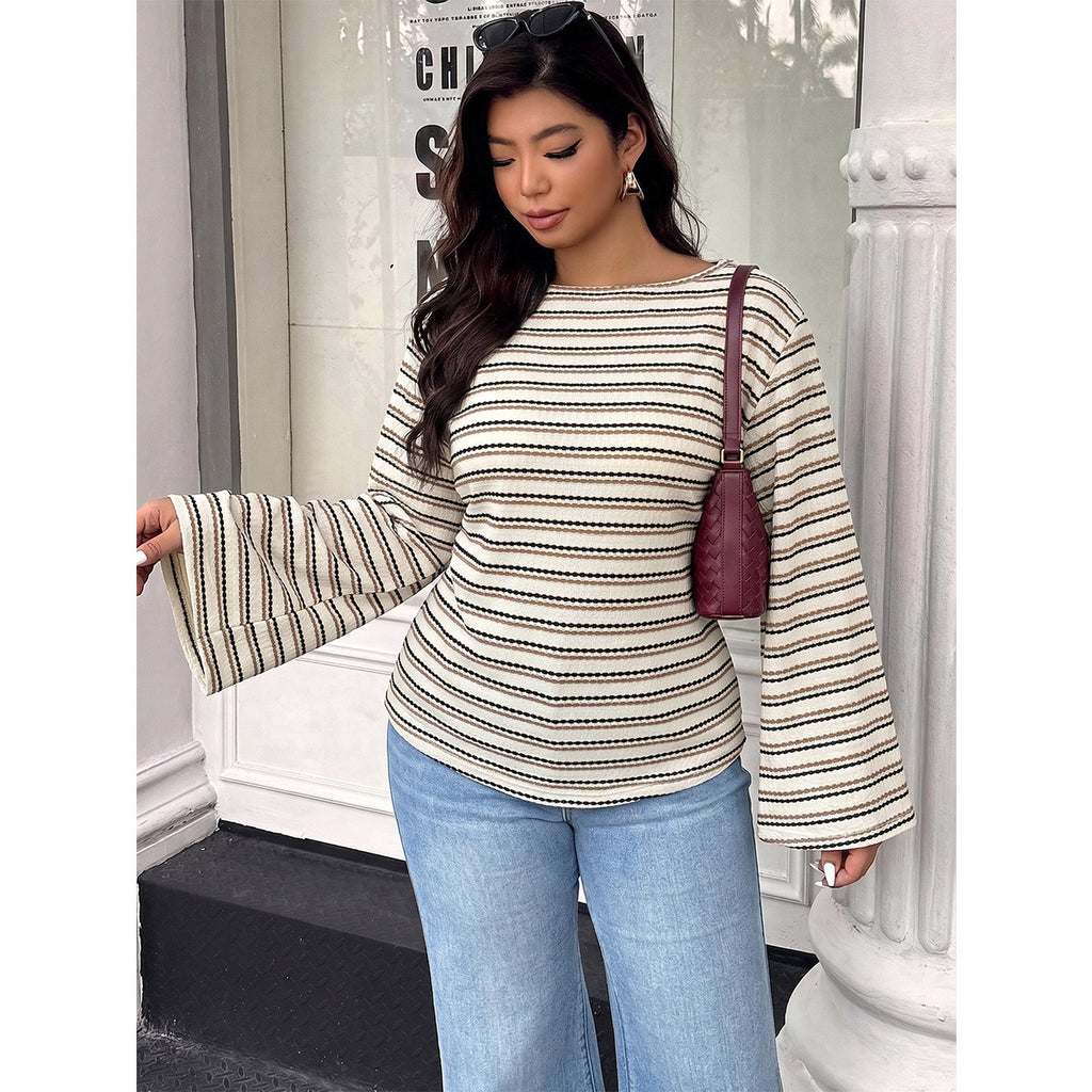 Women's Plus Size Striped Bell Sleeve Top