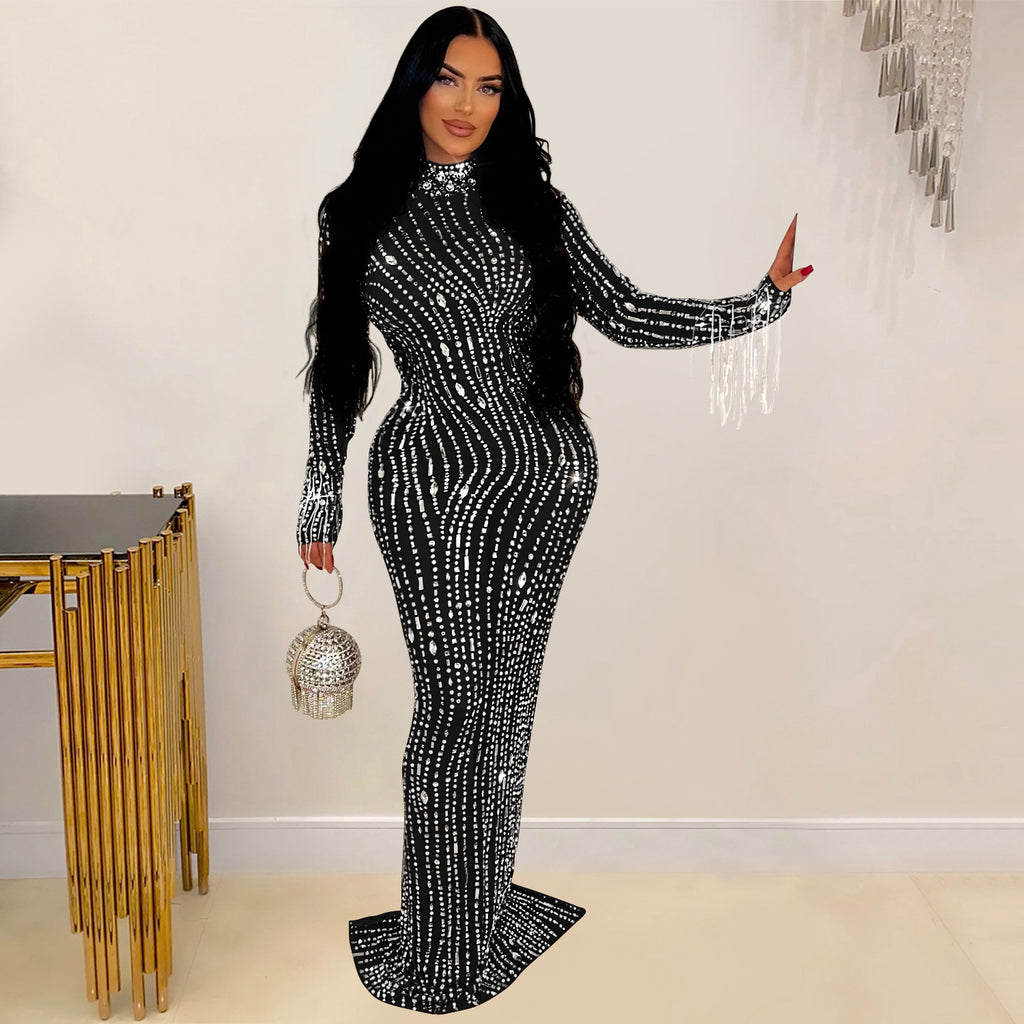 Wear Solid Color Mesh Drilling Dress Long