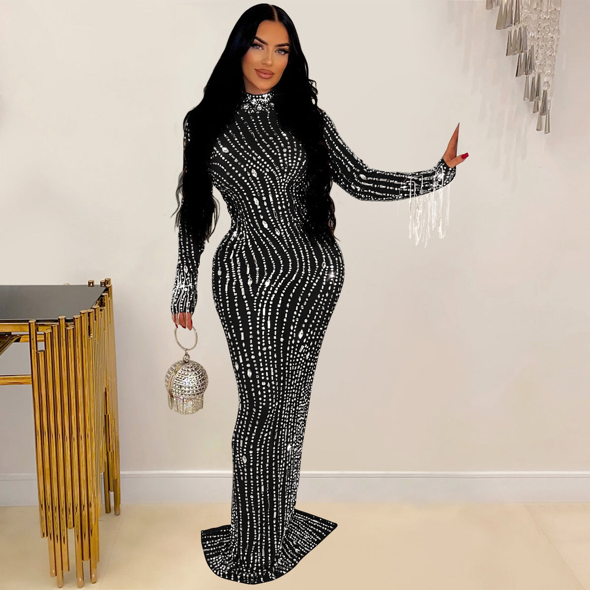 Wear Solid Color Mesh Drilling Dress Long