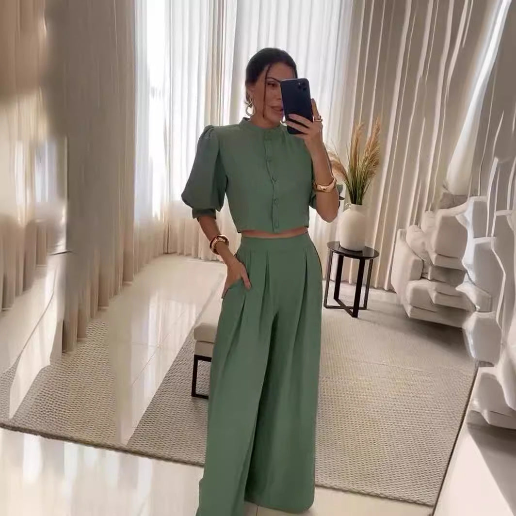 Striped Half-Sleeve Top & Trousers Set