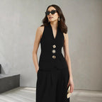 Women Elegant Solid Color V neck Sleeveless Vest High Waist Wide Leg Pants Set