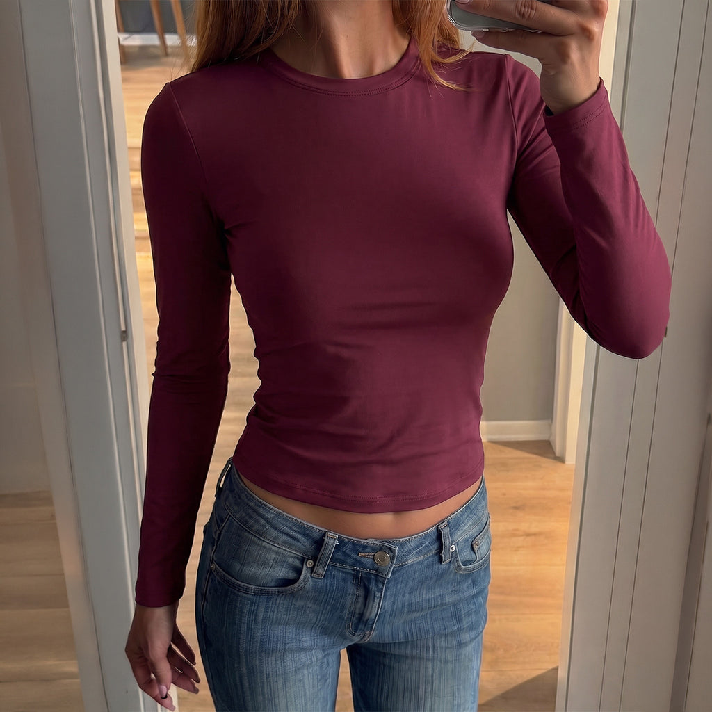 Autumn Simple Elastic Rib Slim Cropped Outfit Top