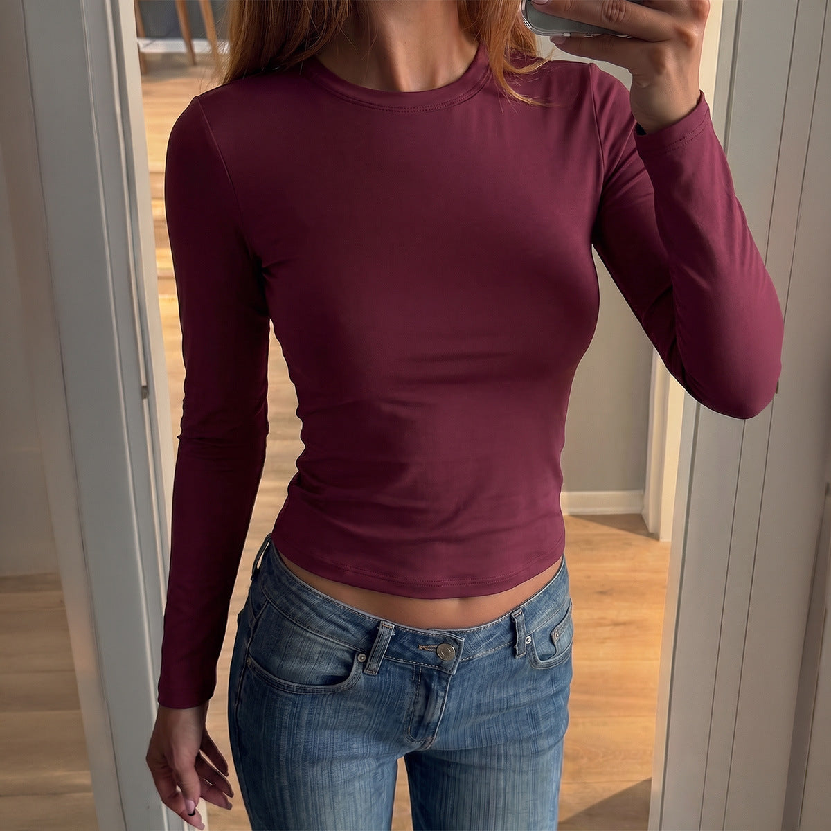 Autumn Simple Elastic Rib Slim Cropped Outfit Top