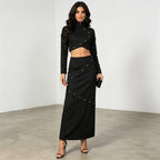 Women’s Rivet Stand-Collar Two-Piece Skirt Set
