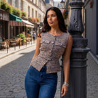 Spring Women Clothing Metal Clasp with Belt Punk Texture round Neck Vest