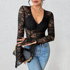 Black Lace V Neck Split Jumpsuit