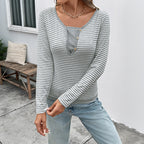 Women’s Light Gray Striped Faux Two Piece V Neck Top