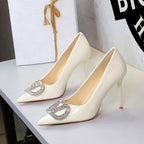 Women's Rhinestone V-Buckle Pointed Toe Stiletto Pumps
