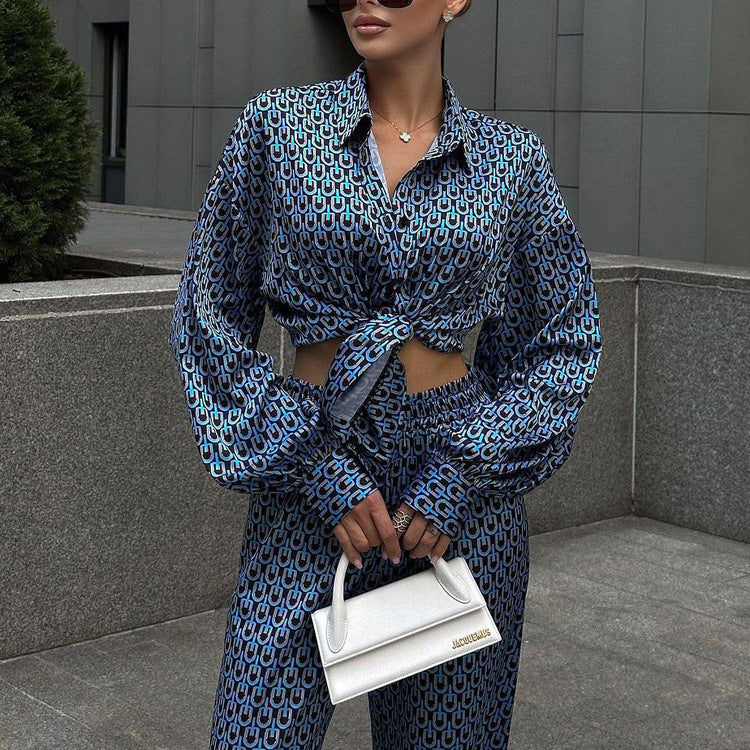 Printed Long Sleeve Collared Shirt Drooping