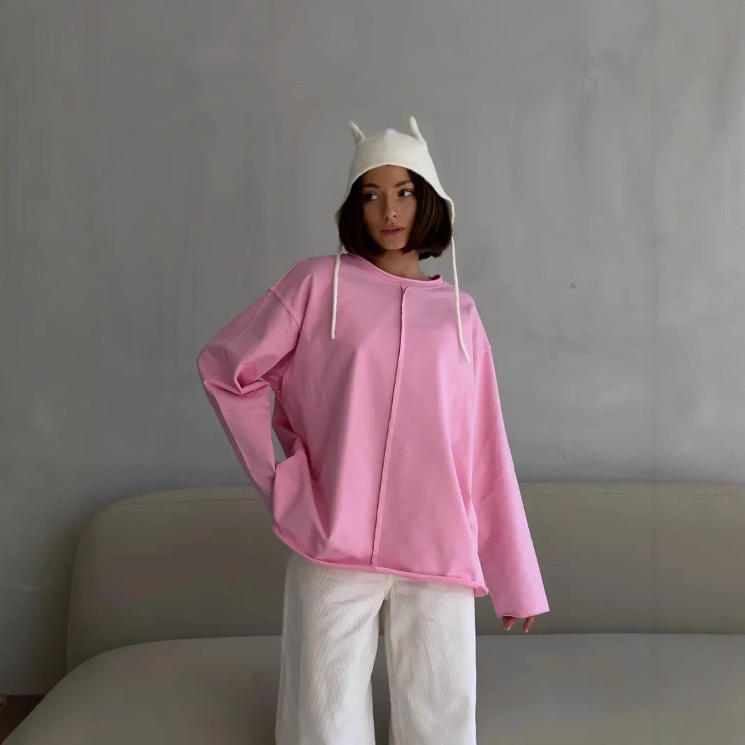 Women's Women's's Worn Cotton Long Sleeve T-Shirt Loose Soft Knitted Terry Cloth Top