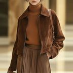 Women's Short Suede Collared Slim-Fit Jacket