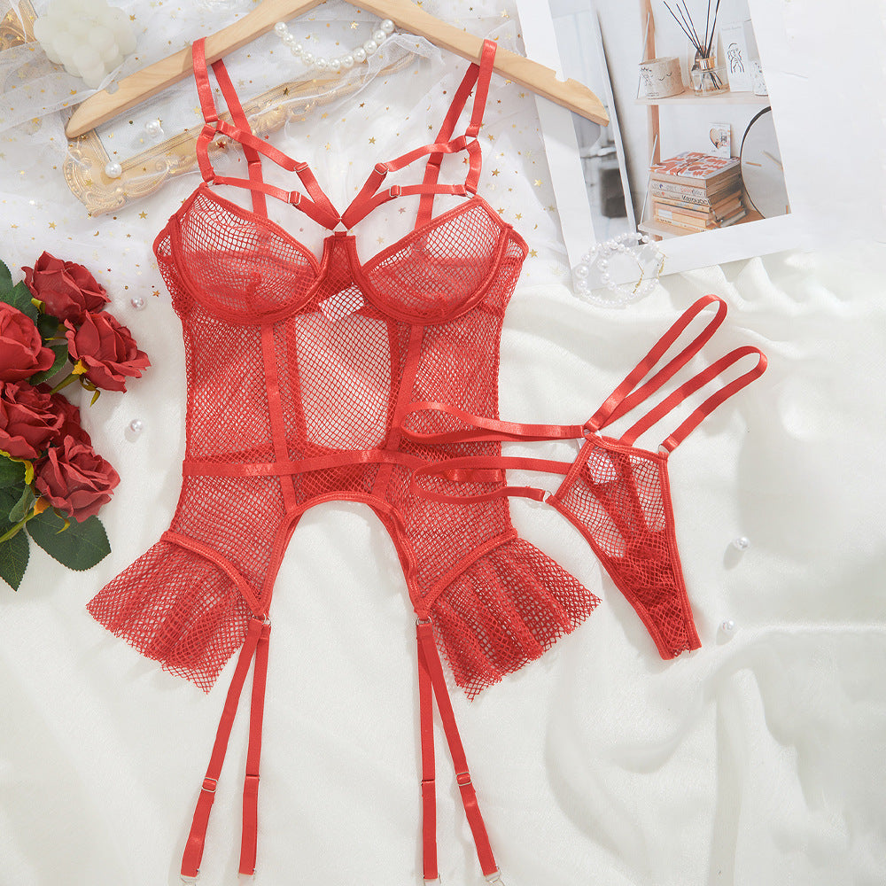 Sexy Lingerie Uniform Sexy Sexy Cutout Fishnet Clothes Suit Ruffled Garter Belt