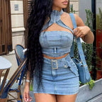 Women's Denim Halter Two-Piece Skirt Set