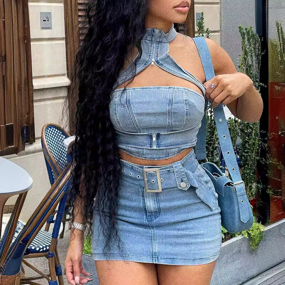 Women's Denim Halter Two-Piece Skirt Set