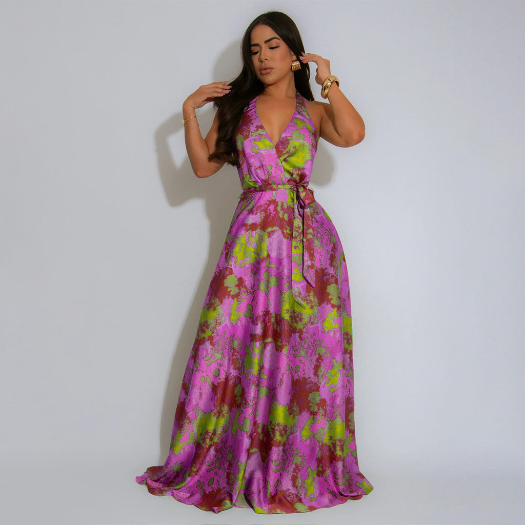 V-Neck Halter Backless Satin Printed Maxi Dress