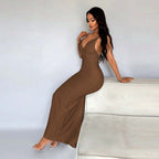 Women's Backless Ruched V-Neck Bodycon Maxi Dress