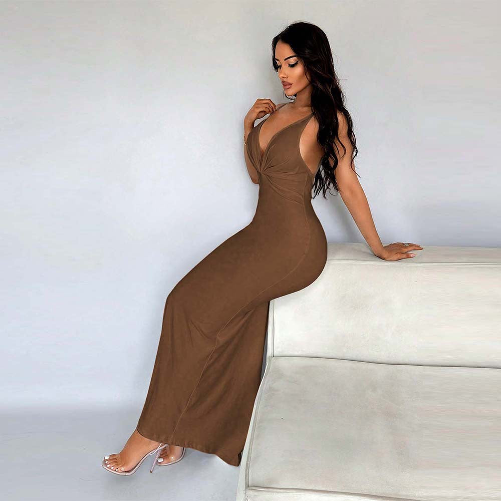 Women's Backless Ruched V-Neck Bodycon Maxi Dress