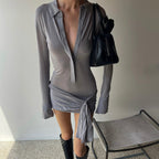 Polo Collar Breasted Solid Color Long Sleeve Lace Up Hip Dress