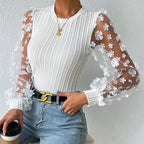Women's Women Mesh Small Floral Chiffon Shirt Women Spring Summer Round Neck Slimming Pullover Long Sleeve Top