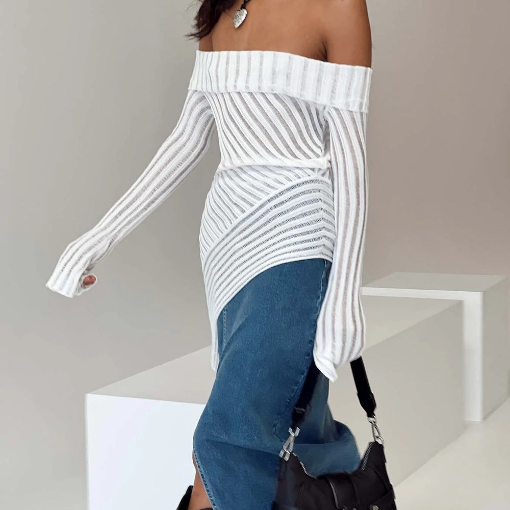 Women's Shoulder Long Sleeve Knitted Woolen Slim Fit Outerwear Top