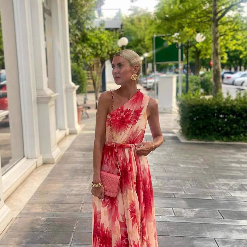 Shoulder Waist-Controlled Lace-Up Wide Hem Printed Dress