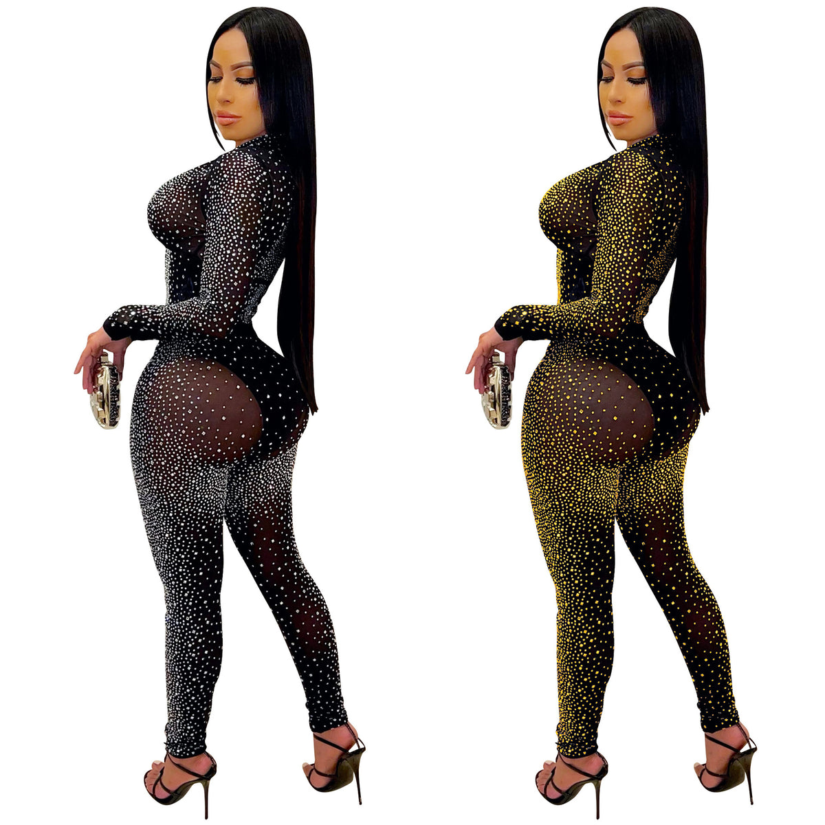 Women's Tight Mesh See-Through Long Top and Pants Two-Piece Set