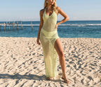 One-piece knit swimwear in light green, scoop neck with high-leg side slit