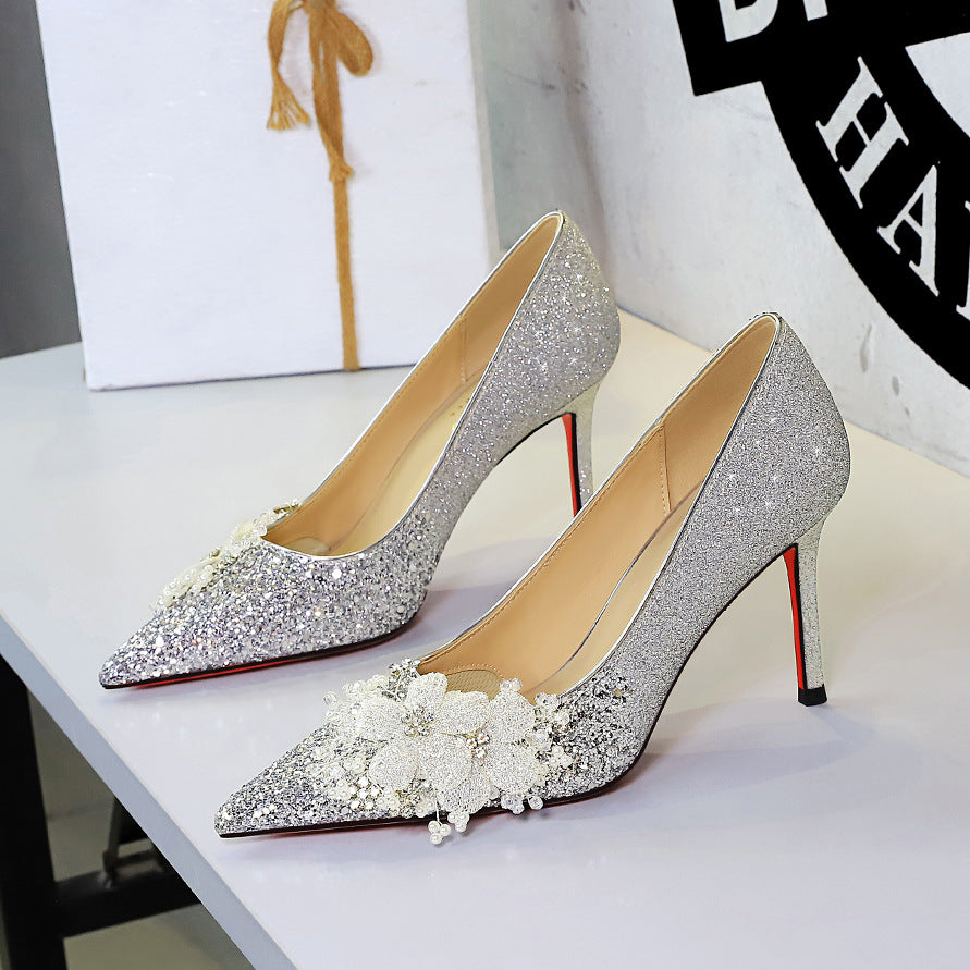 Women's Women's's Elegant Wedding Shoes Wedding Dress Two Way Wear Bridal Shoes Floral Pointed Slip On High Heel…