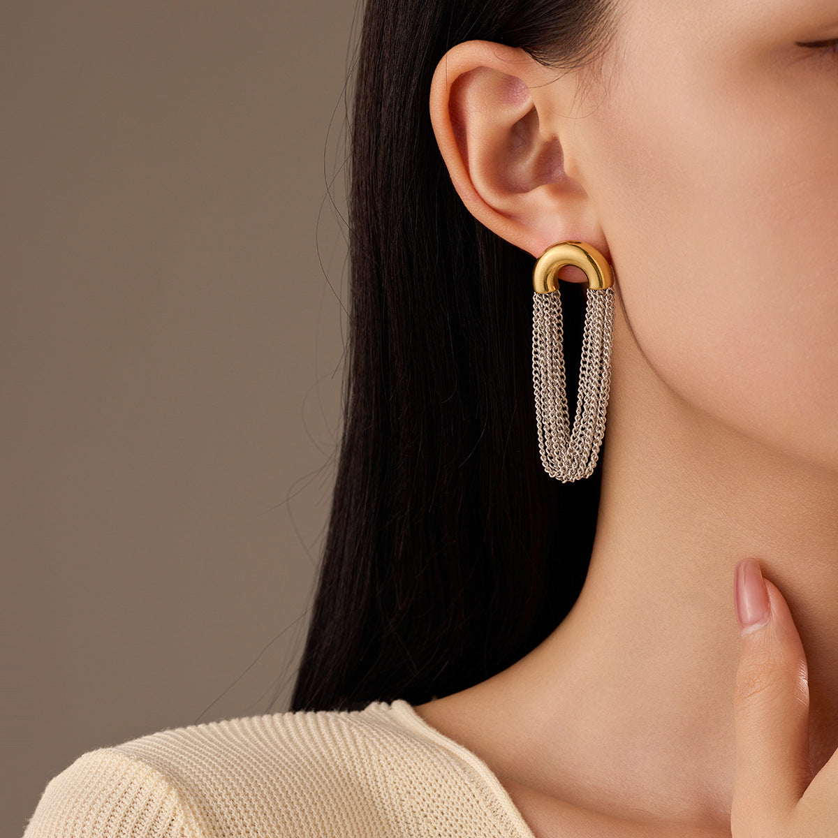Curved Chain Elegant Long Tassel Studs C Type Earrings