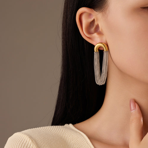 Curved Chain Elegant Long Tassel Studs C Type Earrings